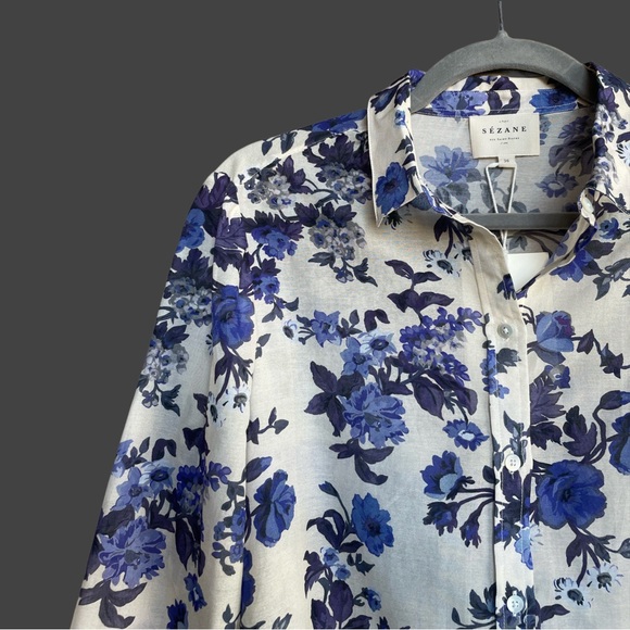 Sezane Tops - SEZANE NWT Blue & White Floral Printed Lightweight Silk Button Down Pierro Shirt